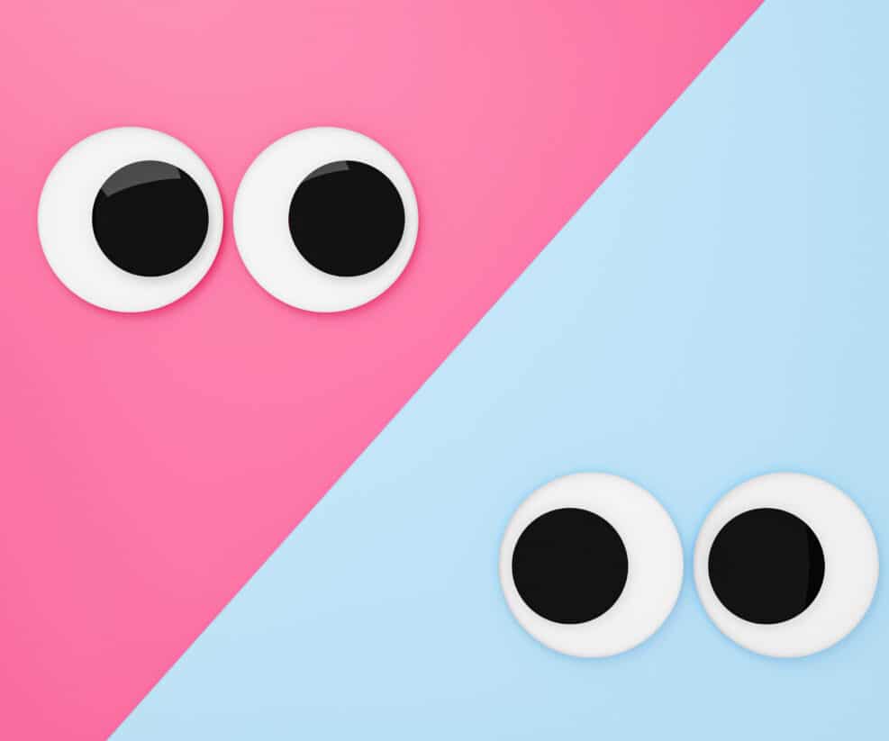 Cute googly eyes funny Isolated on blue & pink pastel background , crazy kawaii eyes minimal idea creative concept & business ,banner, poster, cover, logo design template element.