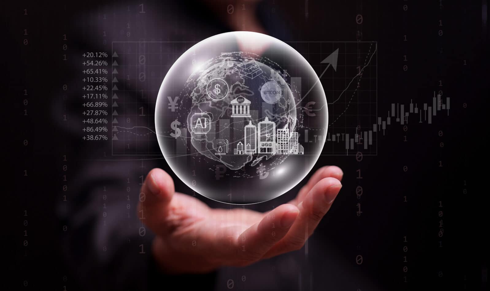 Global economic bubble showing banks, AI, bitcoin, gold, real estate, and stock market icons inside a fragile sphere. An overvalued financial system and the risk of worldwide economic collapse.