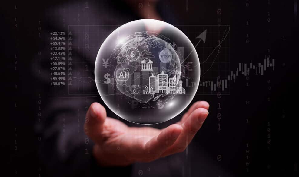 Global economic bubble showing banks, AI, bitcoin, gold, real estate, and stock market icons inside a fragile sphere. An overvalued financial system and the risk of worldwide economic collapse.