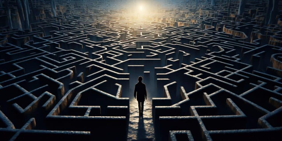 Man in surreal maze, facing labyrinth challenge, complex problem decision, strategy for success, concept of life obstacles and solutions