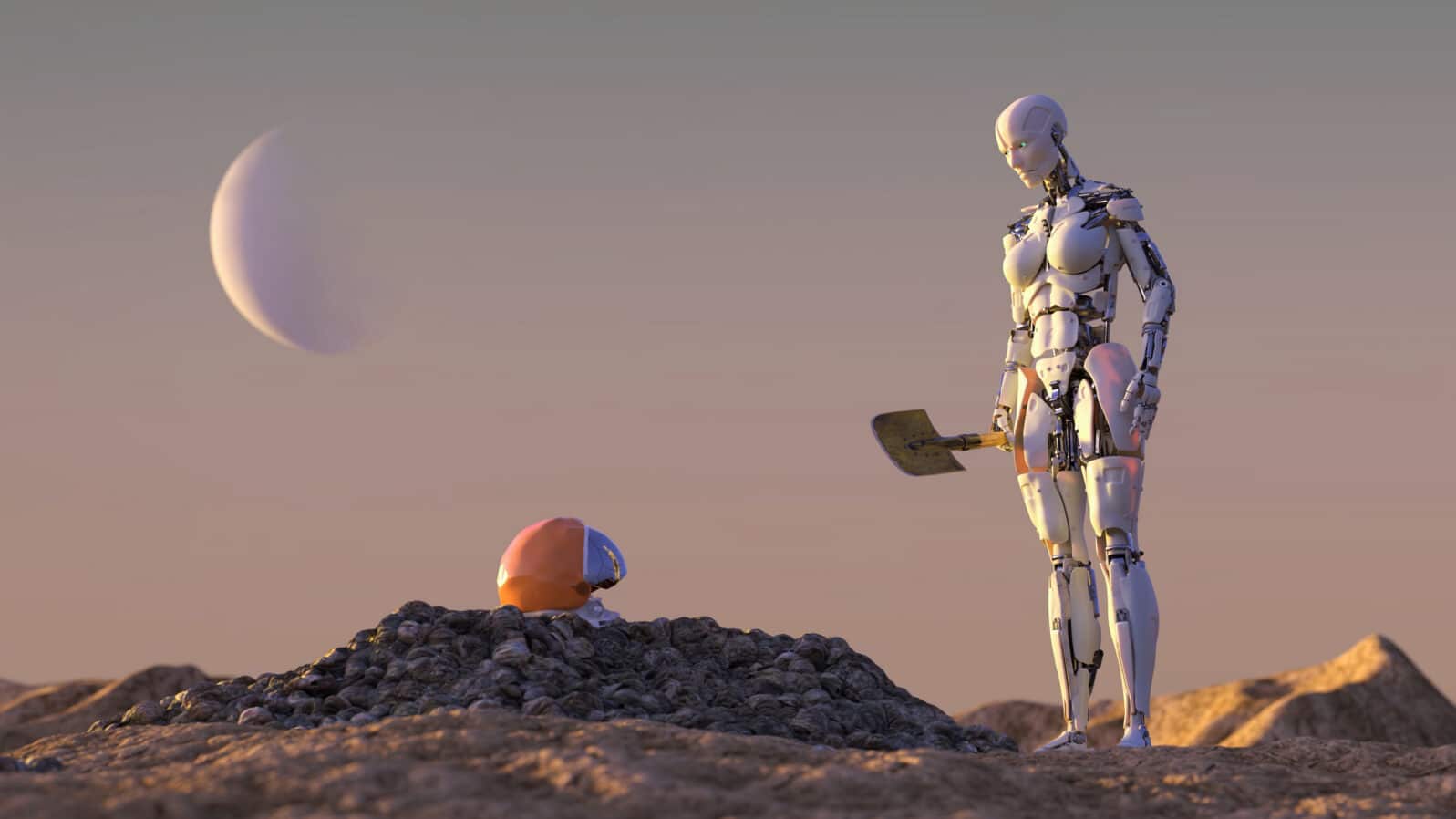 mission over, a robot stands at the grave of man