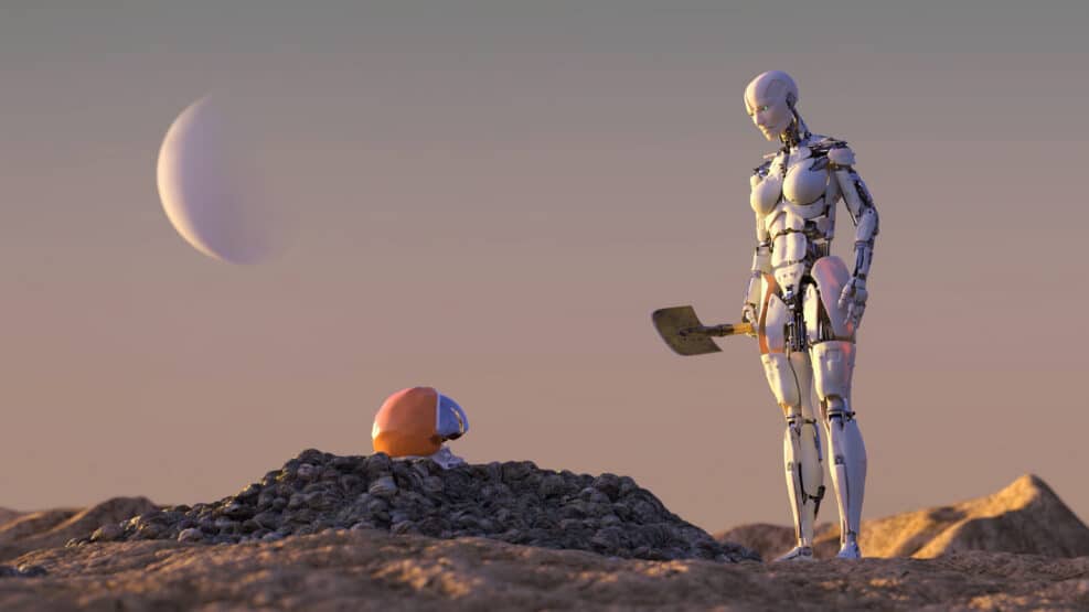 mission over, a robot stands at the grave of man