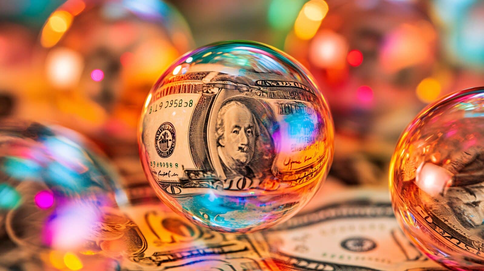 Money inside shimmering bubbles floating in an uncertain financial market Large space for text in center Stock Photo with copy space