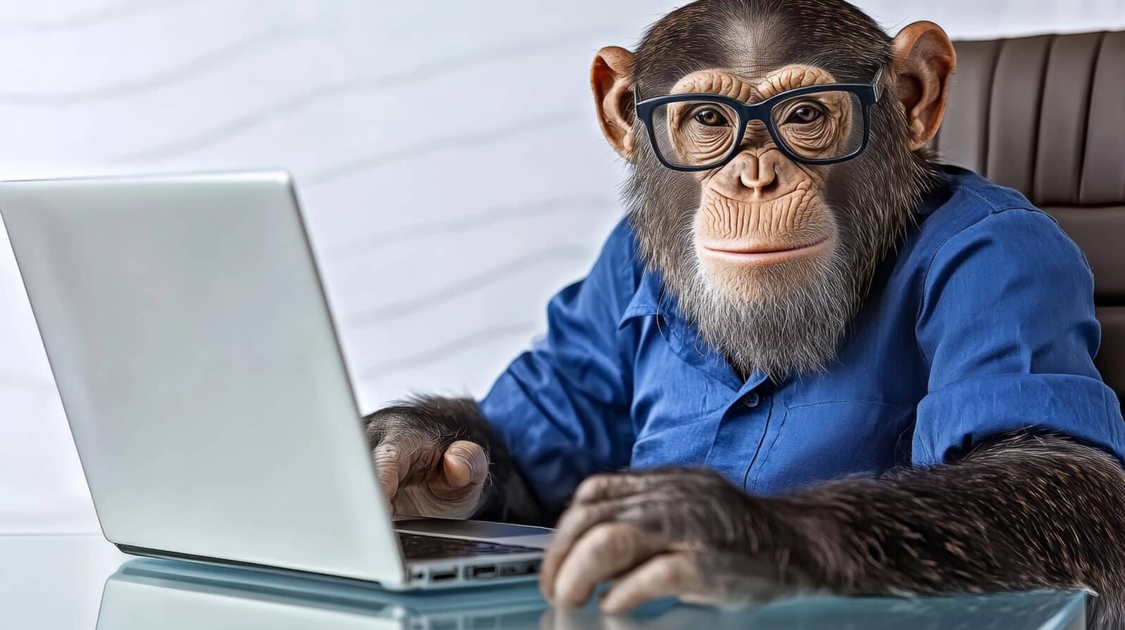 Monkey wearing glasses is sitting at a desk with a laptop. The monkey appears to be working on the laptop, possibly typing or browsing the internet. Concept of humor and playfulness