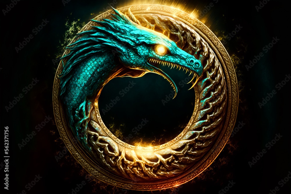 Ouroboros snake swallowing its own tail, symbol on black background. Symbol of eternity and rebirth. Scandinavian Uroboros symbol on black background, Generative AI.