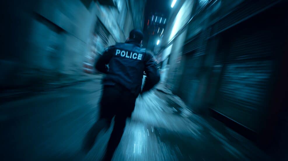 Police officer chases a suspect down a narrow, dark city alleyway.