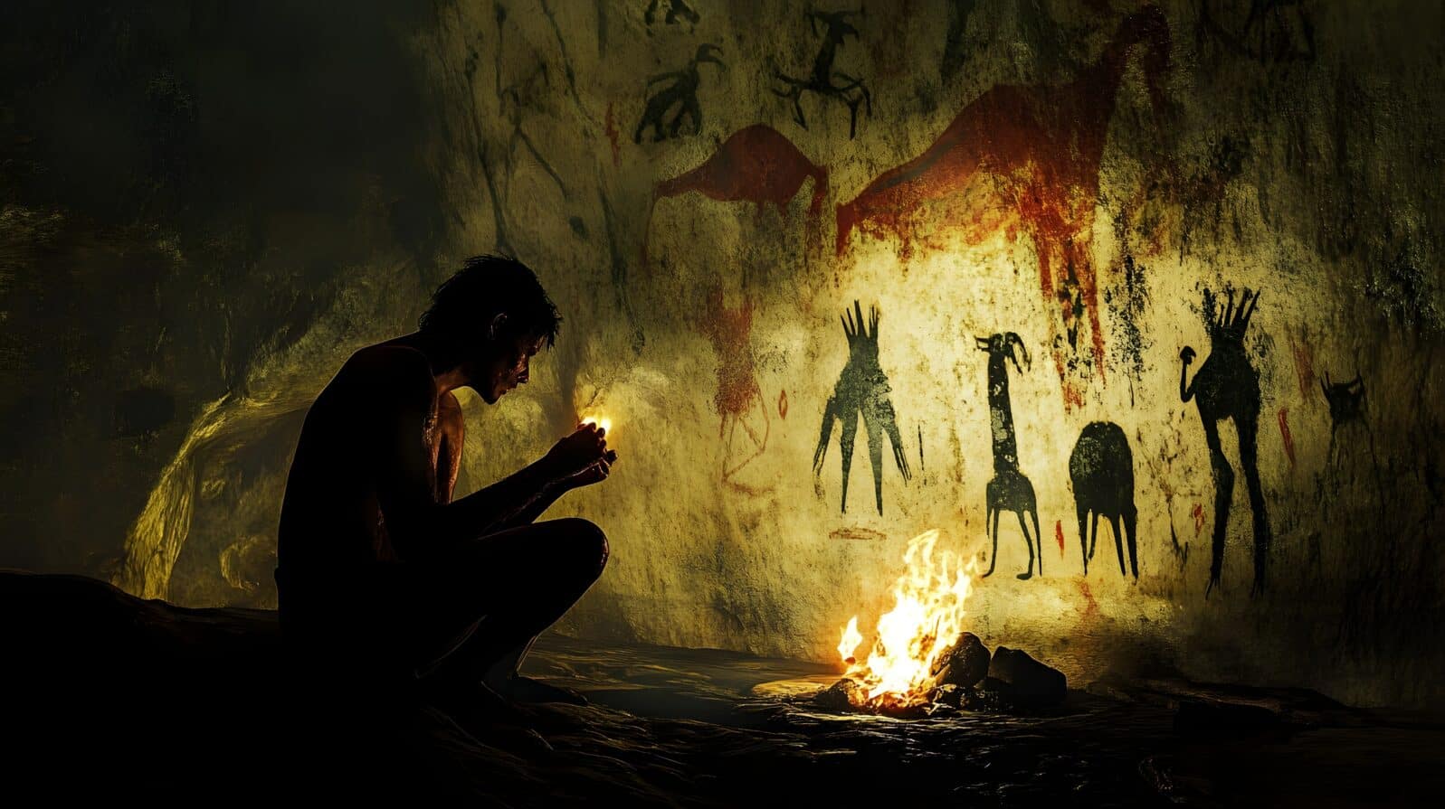 5. A primal cave dweller illuminated by firelight, surrounded by ancient cave paintings
