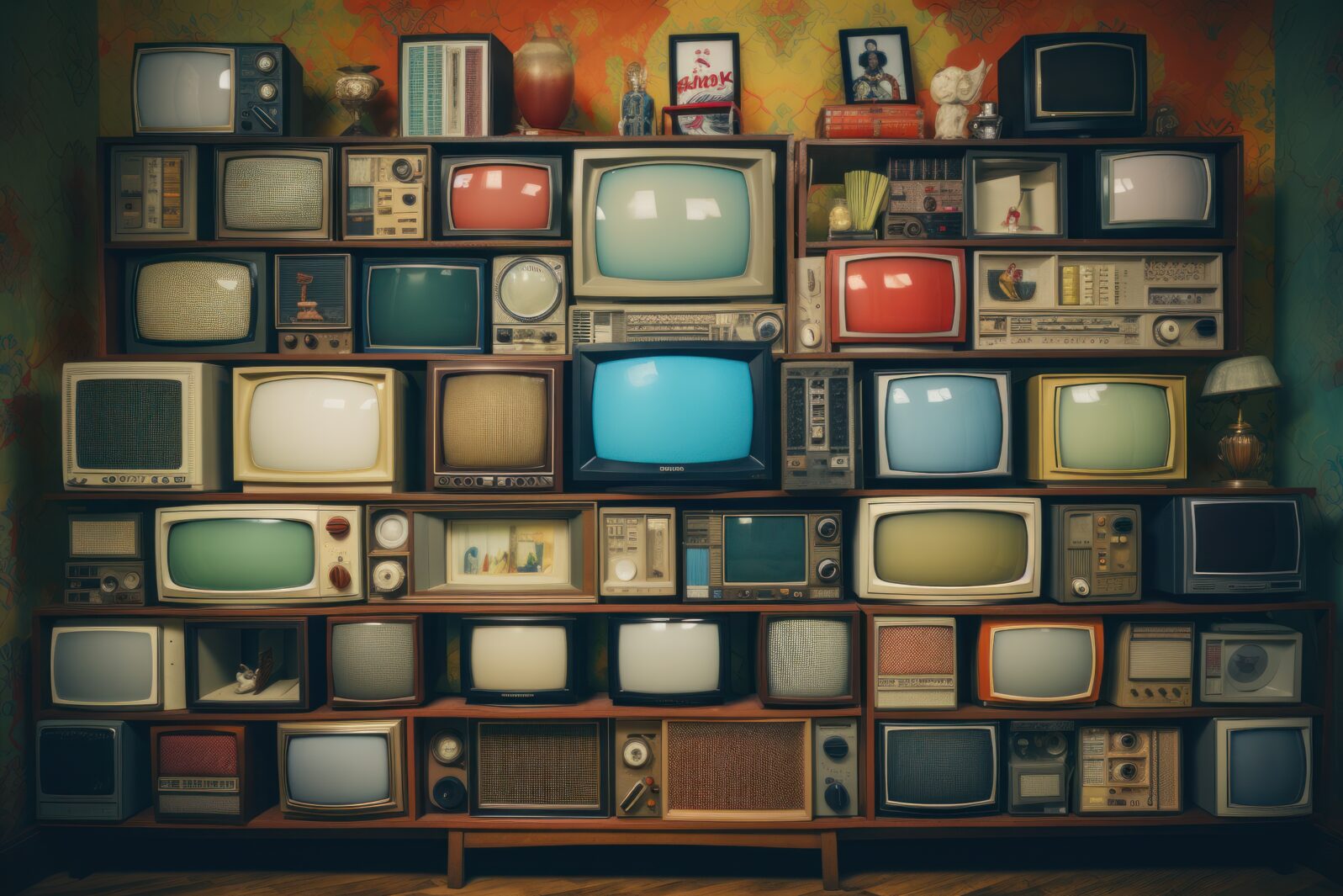 A bunch of old televisions stacked on top of each other. Suitable for illustrating the concept of technology, obsolescence, or vintage electronics.