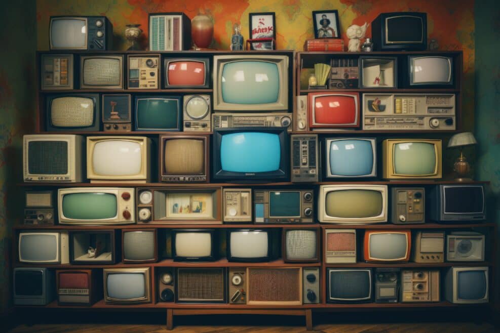 A bunch of old televisions stacked on top of each other. Suitable for illustrating the concept of technology, obsolescence, or vintage electronics.