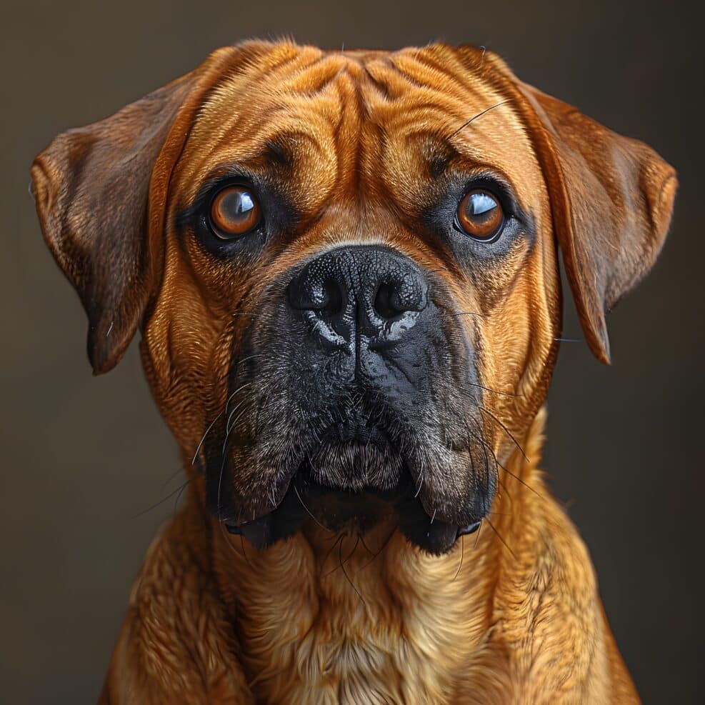 A close-up of a curious brown dog with expressive eyes and a soulful expression.