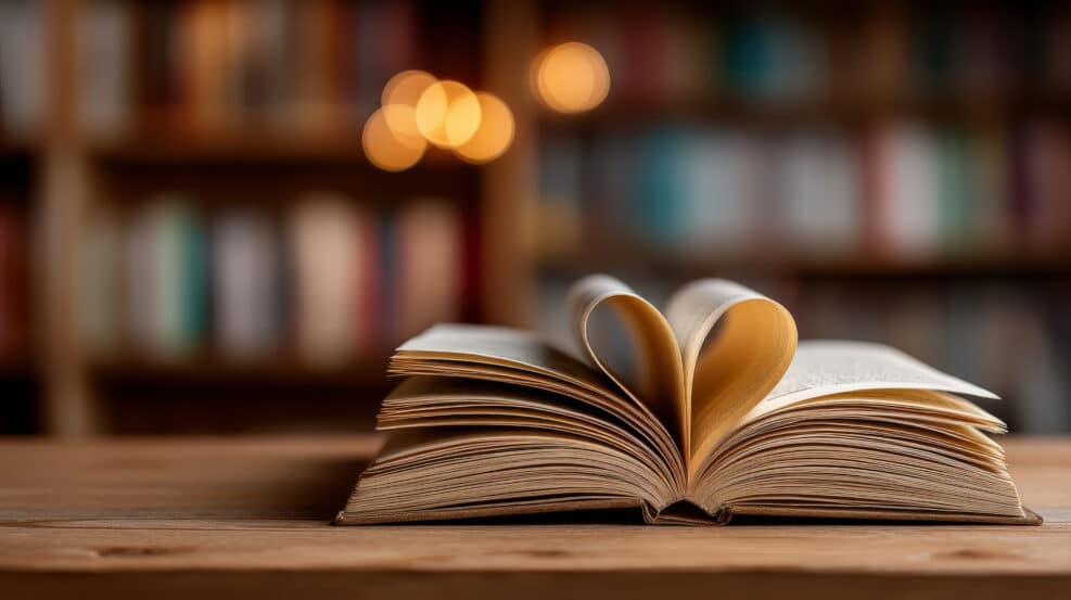 An open book with pages creatively folded to form a heart, a symbol of knowledge, love, and storytelling, resting on a wooden surface with a blurred background of bookshelves.