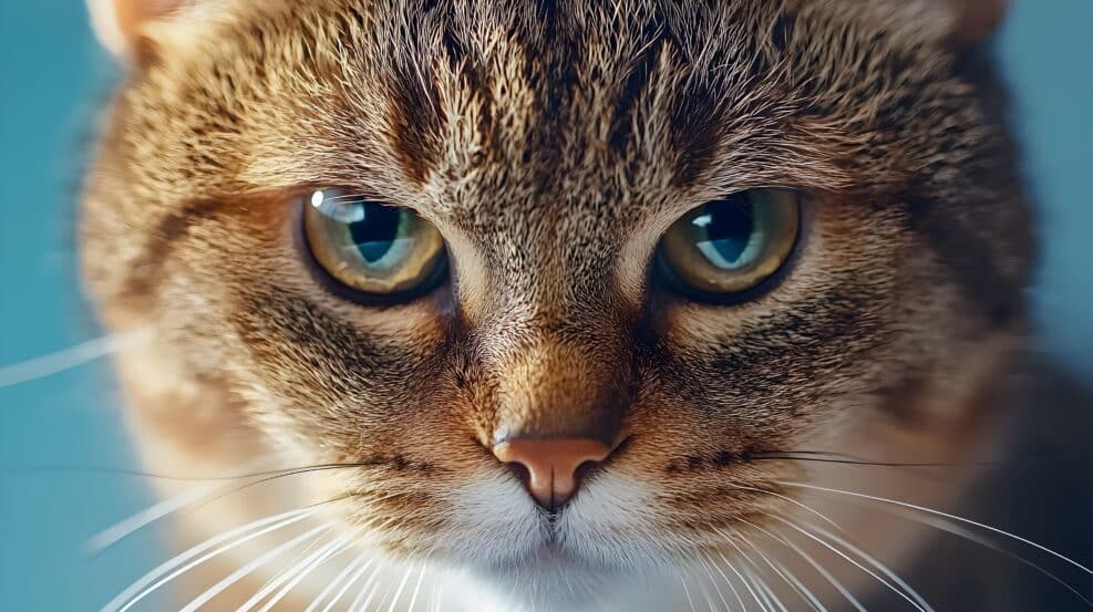 Captivating close up portrait of a shorthair cat with expressive soulful eyes set against a futuristic vibrant tetradic color scheme showcasing the natural beauty and elegance of the feline subject