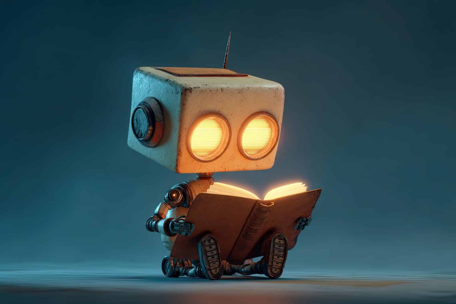 Cute, retro robot with glowing eyes reads a book