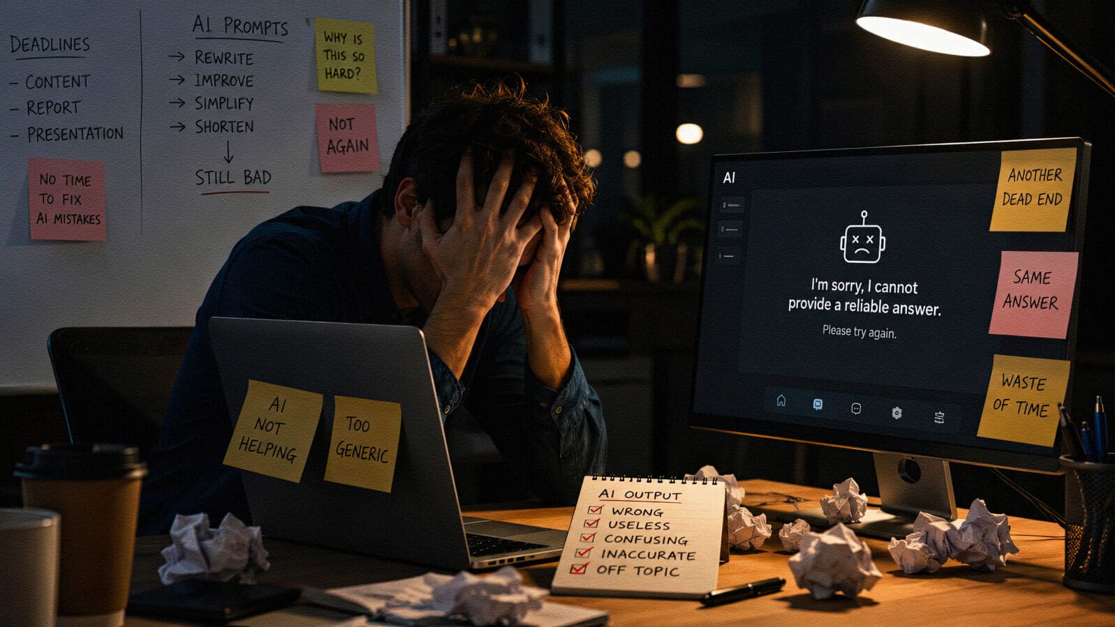 Frustrated professional struggling with unreliable AI chatbot responses at night office