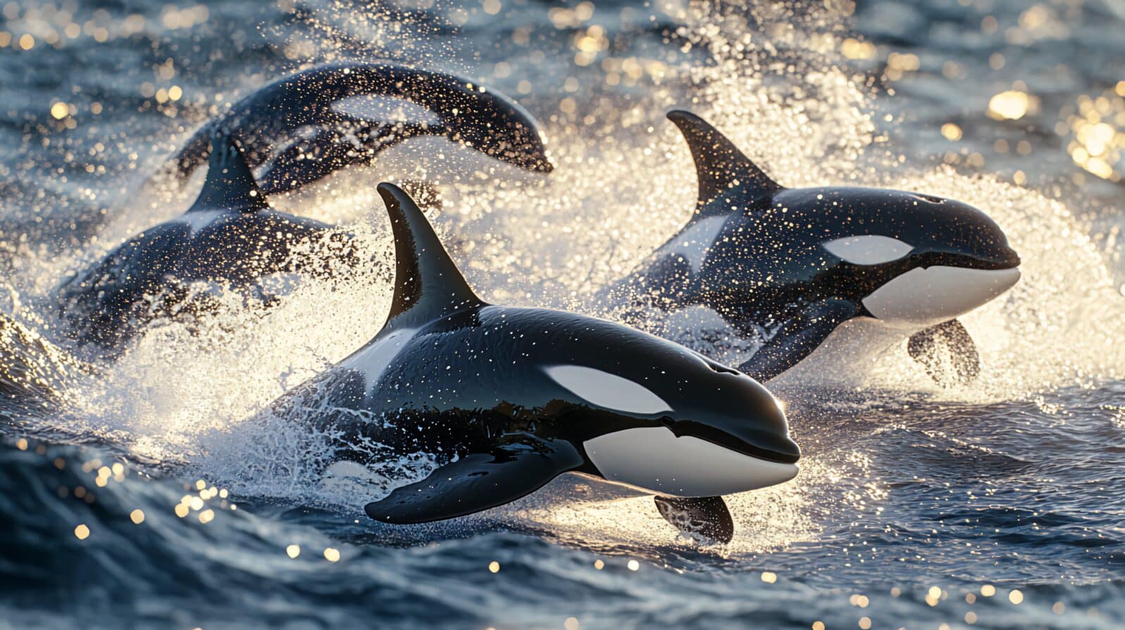 Three orcas leap from the water, creating splashes and spray in the sunlight.