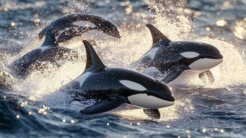 Three orcas leap from the water, creating splashes and spray in the sunlight.
