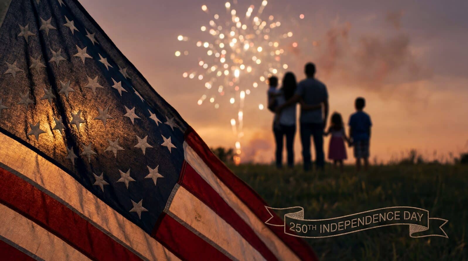 USA 250th anniversary Independence Day golden hour flag family polished holiday composition warm family gathering mood flag closeup with family gathering beyond creates warm national anniversary