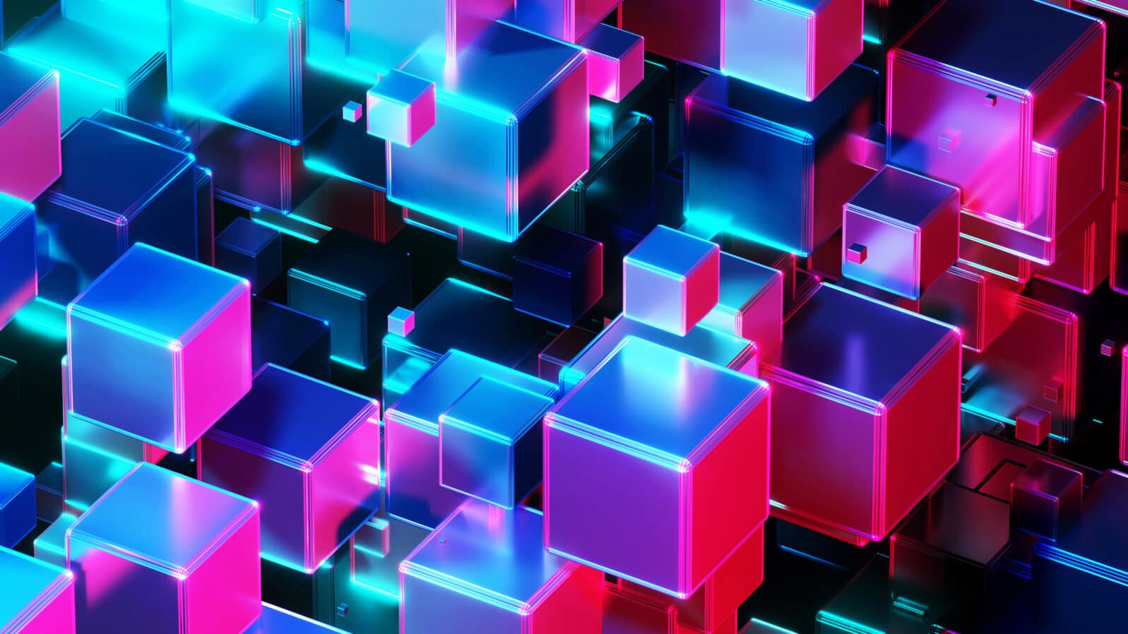 Abstract background 3D, many cubes with neon purple blue glow on black interesting science technology background, 3D render illustration.