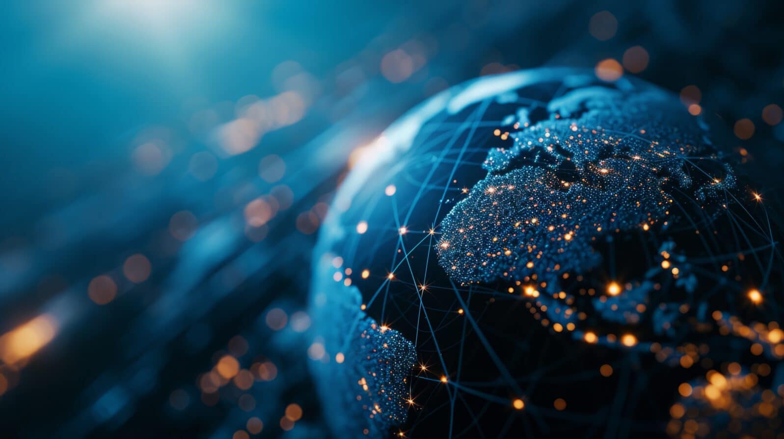 abstract holographic world globe with many connection points symbolizing social media and life for business wallpaper background. Generative AI