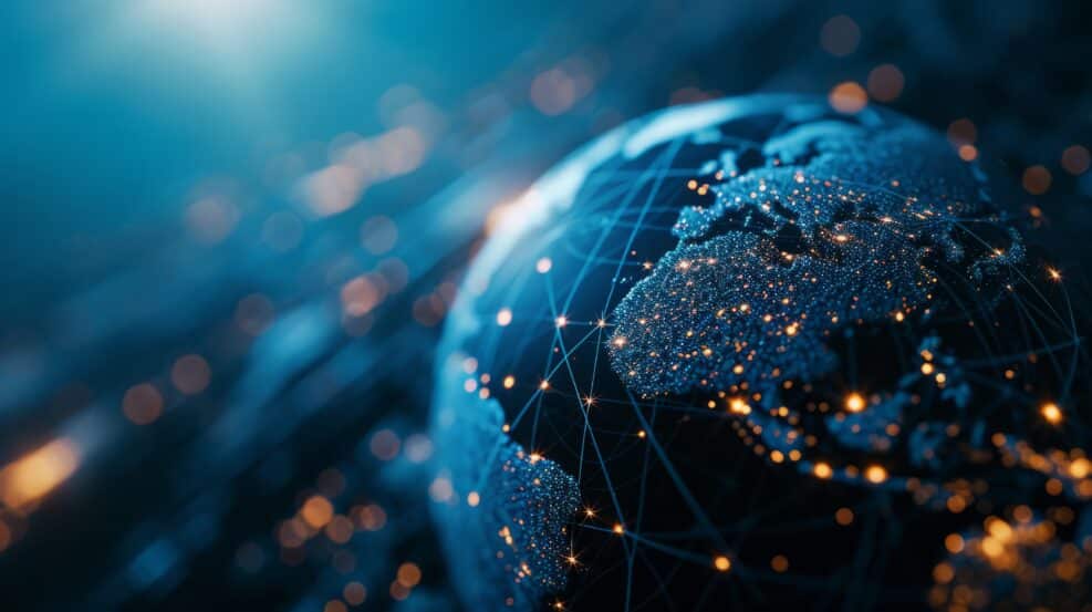 abstract holographic world globe with many connection points symbolizing social media and life for business wallpaper background. Generative AI