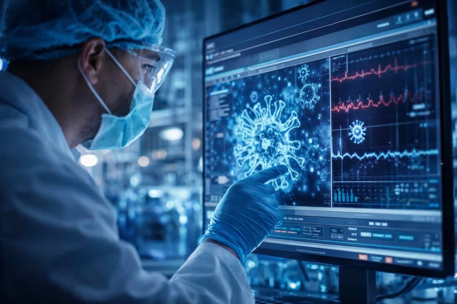 AI generated researcher examining virus structure and data charts on digital screen in laboratory representing medical research biotechnology analysis and healthcare innovation