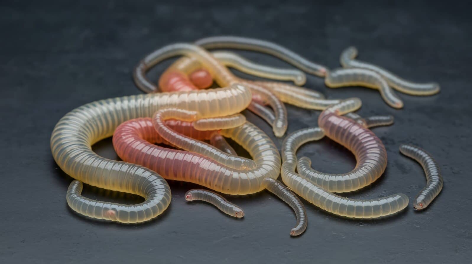Close-up of Caenorhabditis elegans, a transparent nematode worm on dark surface