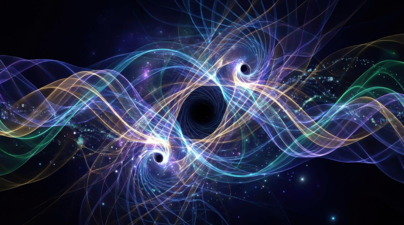 Cosmic Dance of Gravitational Waves: Abstract representation of two merging black holes, emitting luminous, swirling gravitational waves in a cosmic ballet.