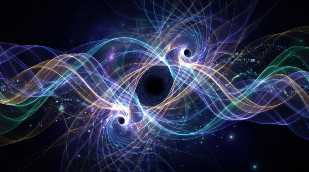 Cosmic Dance of Gravitational Waves: Abstract representation of two merging black holes, emitting luminous, swirling gravitational waves in a cosmic ballet.