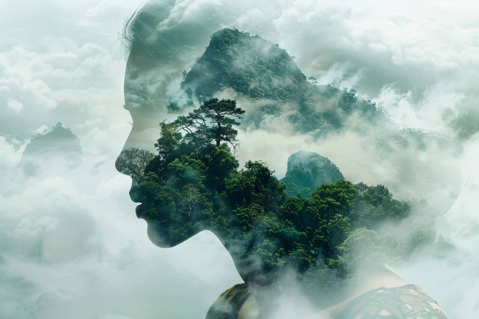 Creative double exposure portrait of attractive woman with beautiful landscape. International Mother Earth Day. Environmental problems and protection. Caring for nature
