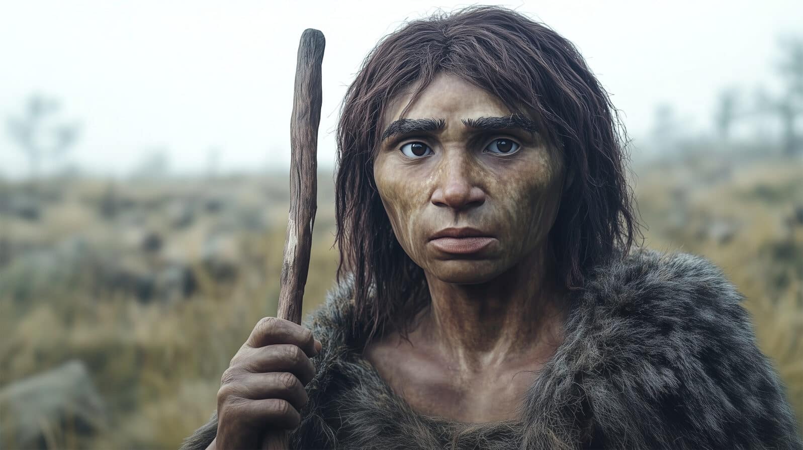 Denisovan hunter holding a staff in a prehistoric grassy landscape. The face is based on a reconstruction of a female Denisovan using DNA extracted from a pinky bone discovered in Siberia.