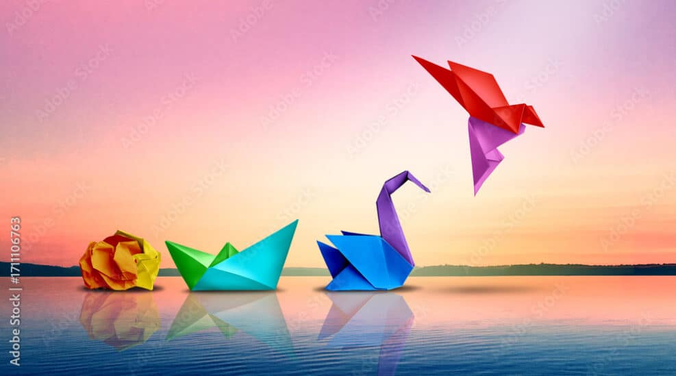 Evolving For Success and a metaphor as Transform or changing to succeed concept and leadership in business through innovation and evolution of ability as a crumpled paper transforming.