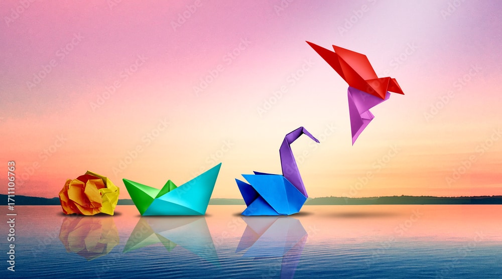 Evolving For Success and a metaphor as Transform or changing to succeed concept and leadership in business through innovation and evolution of ability as a crumpled paper transforming.