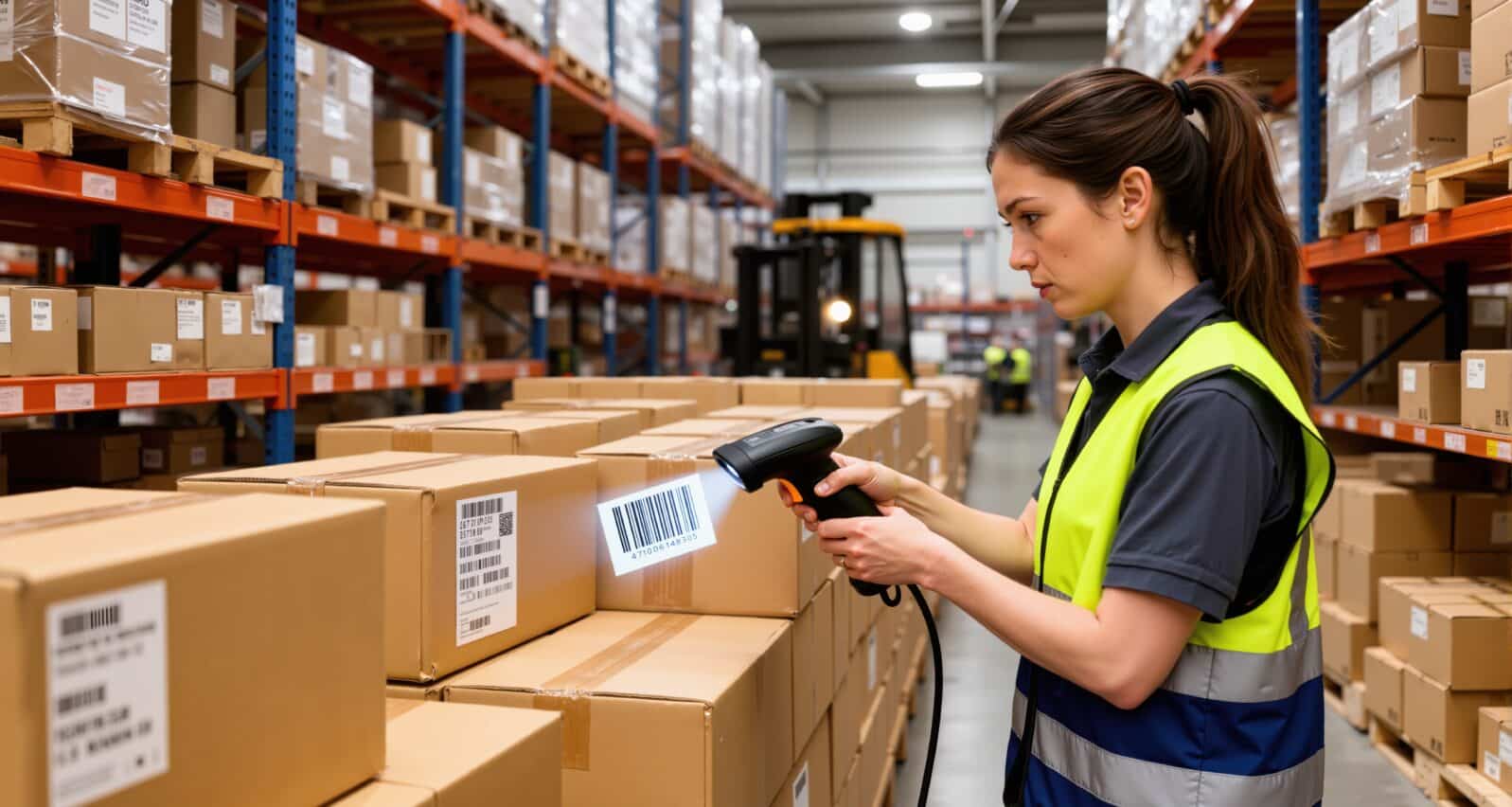 Female warehouse worker scanning a barcode on a package with a scanner. Logistics and inventory management in a modern distribution center