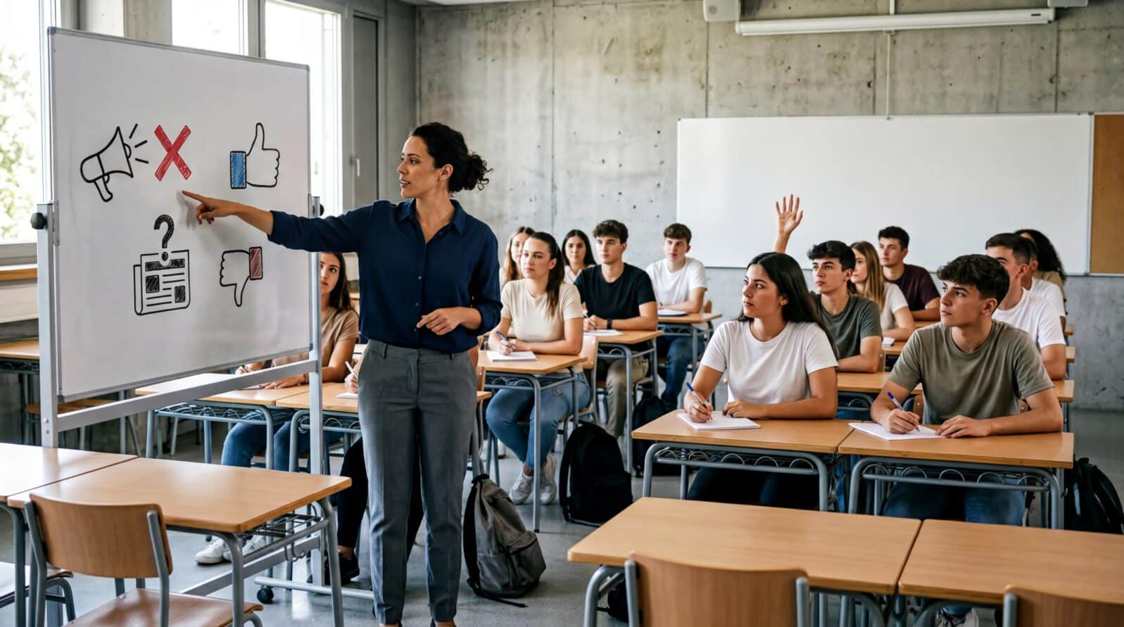 media literacy education, a teacher explains misinformation detection to attentive students in a bright classroom