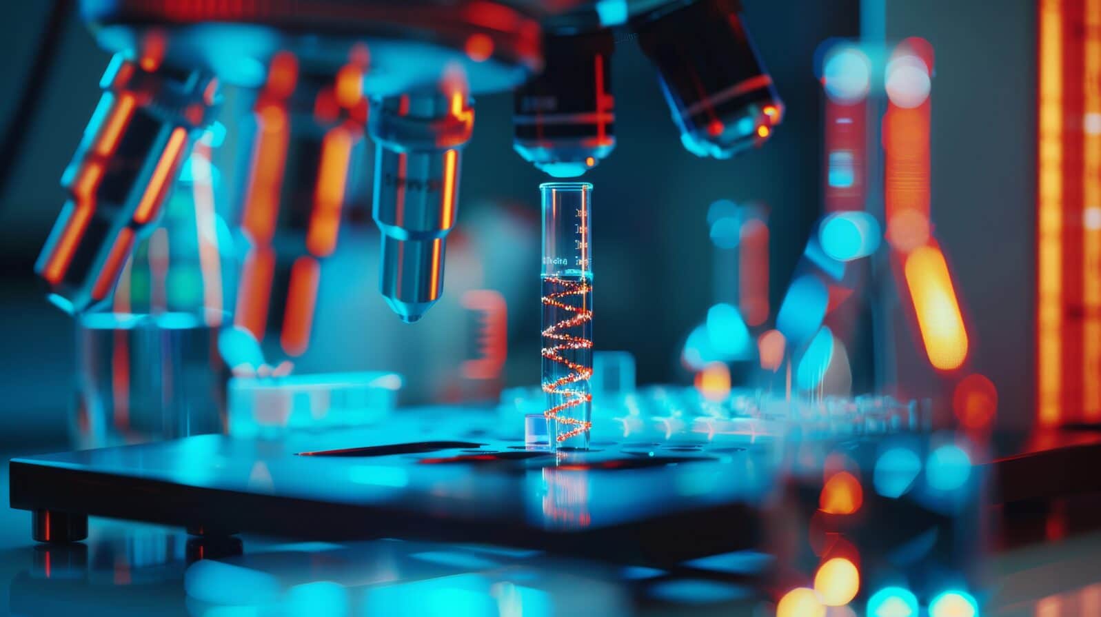 Microscope and Test Tube with DNA Strand