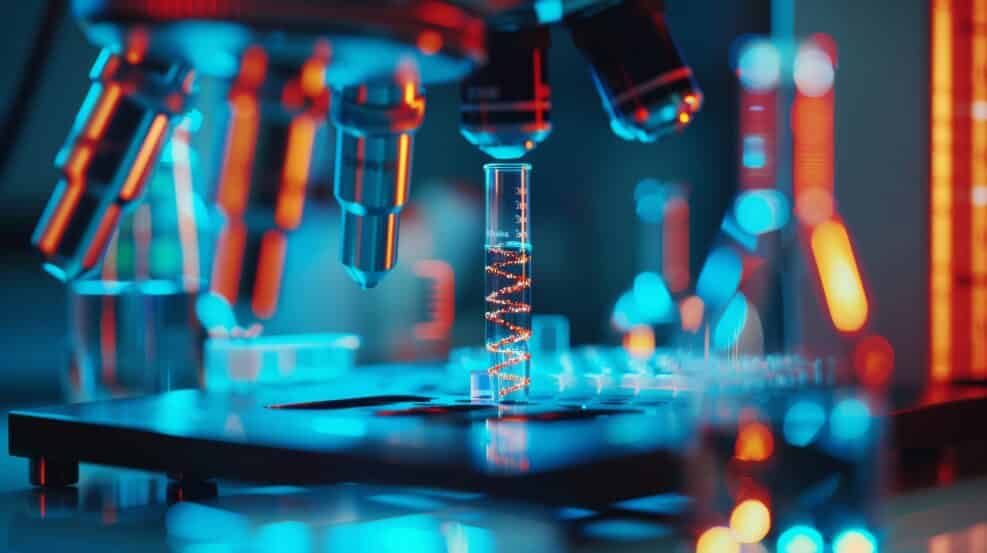 Microscope and Test Tube with DNA Strand