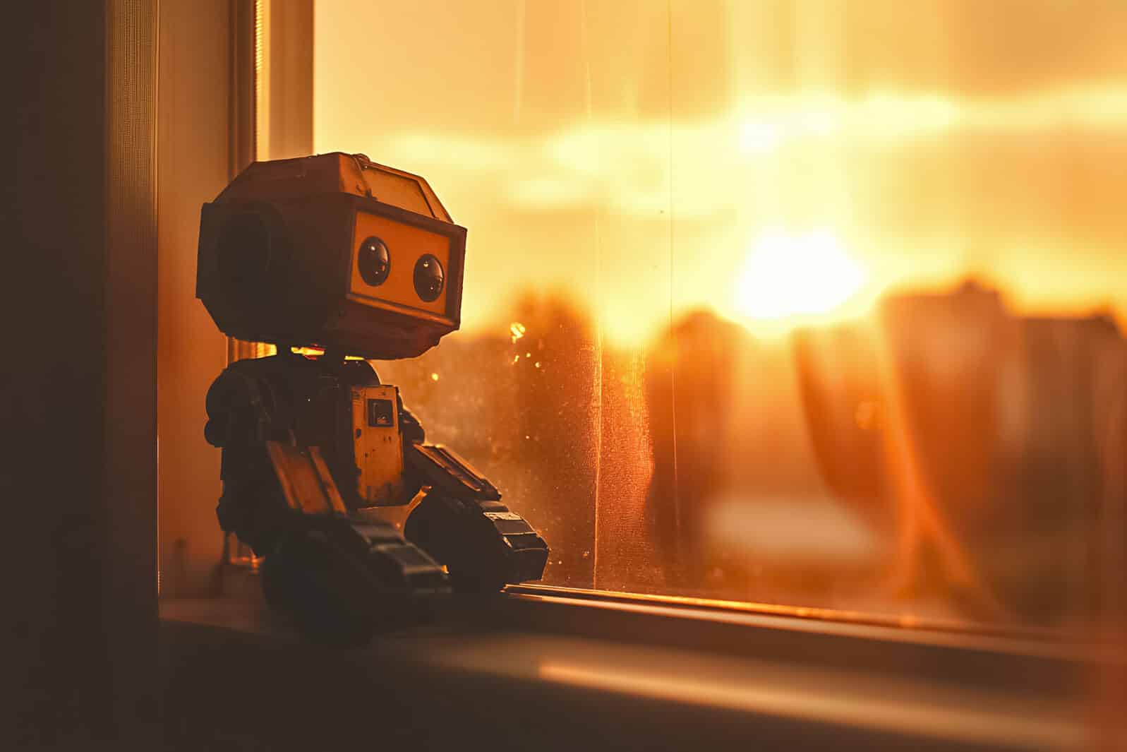 Small lonely toy robot sitting on window sill looking at sunset with warm orange copy-space. AI and feelings, emotions concepts.
