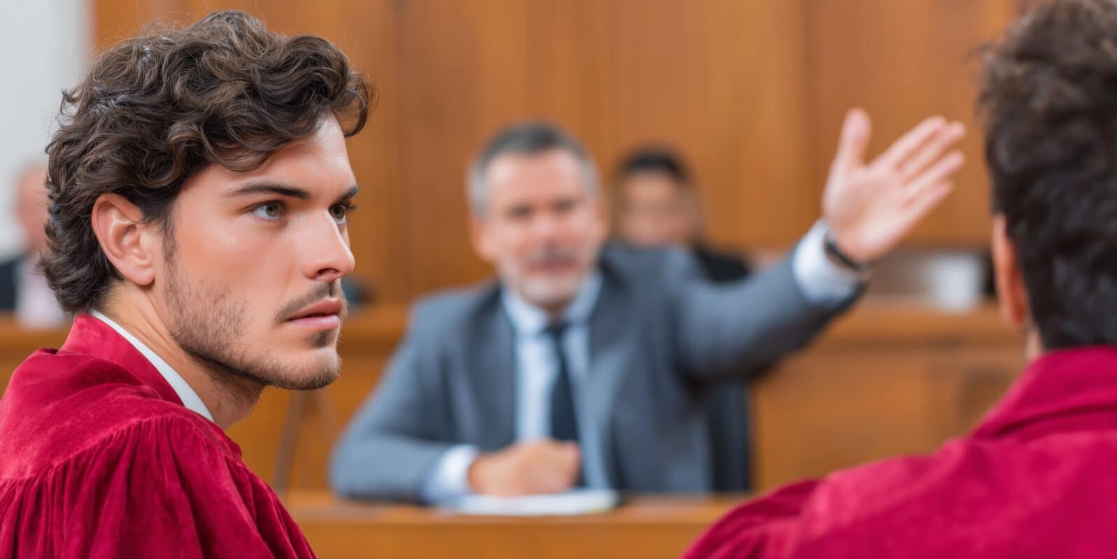 Tense courtroom moment showing a young man in a red robe being questioned, with a lawyer in the background gesturing assertively. The dramatic atmosphere suggests cross-examination