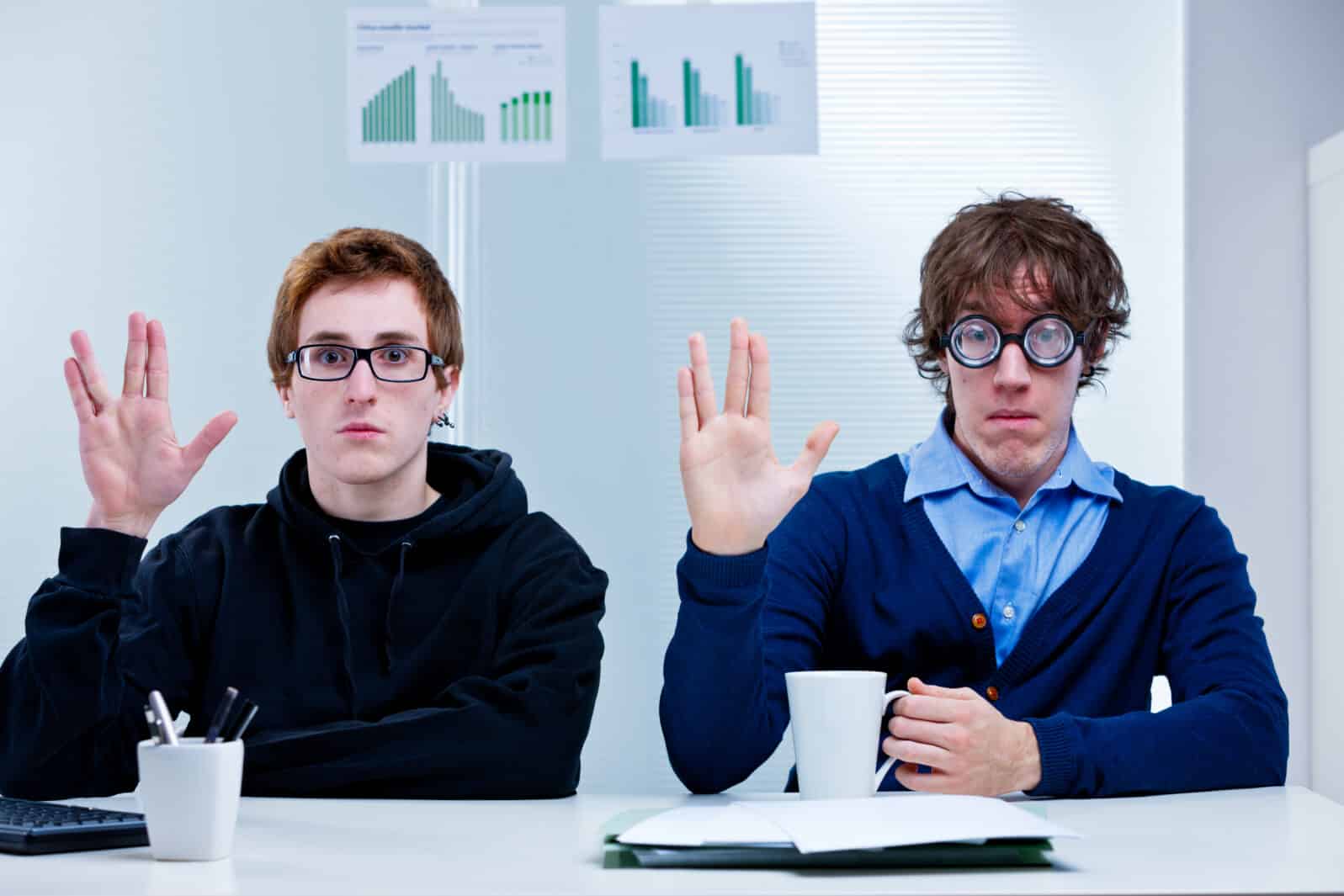 two very nerd brains office workers