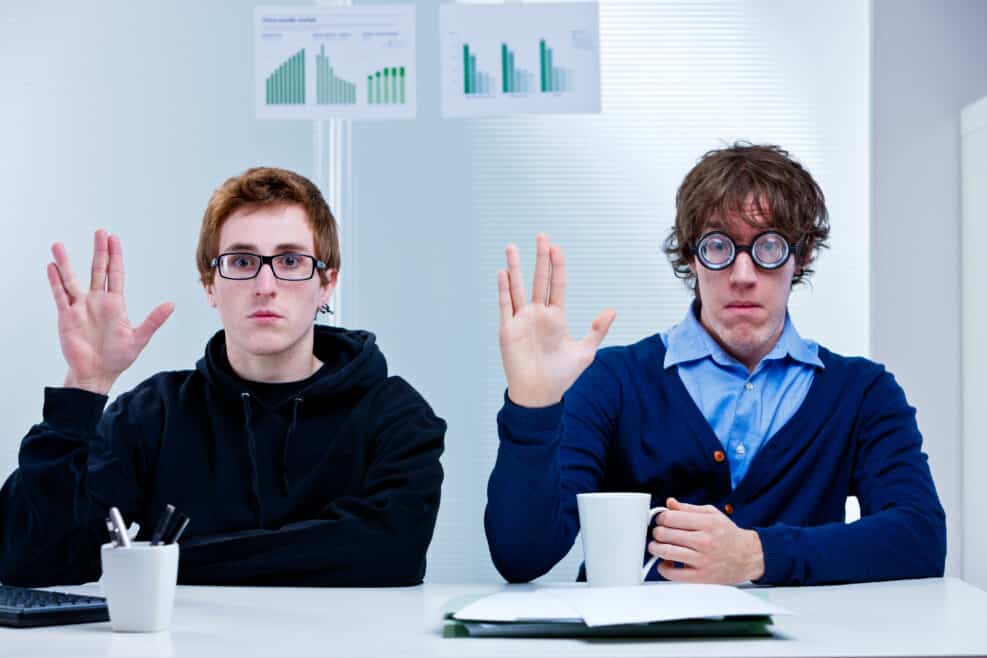 two very nerd brains office workers