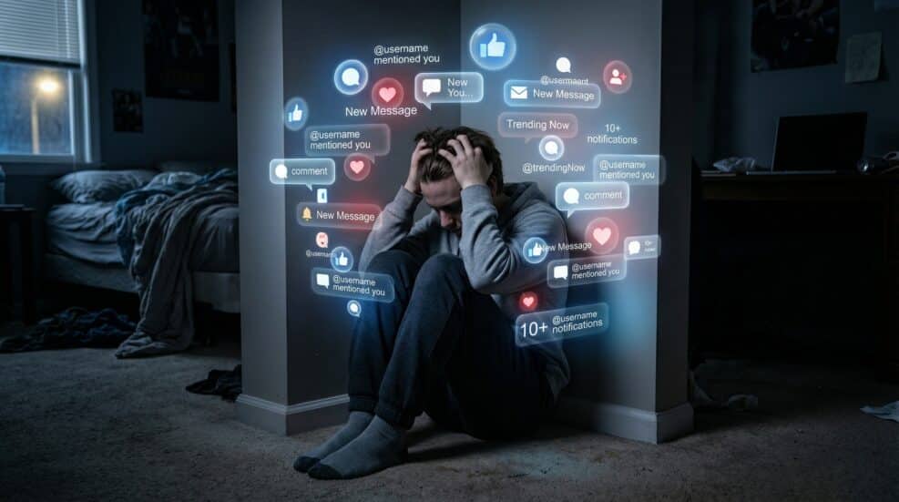 Young person overwhelmed by constant social media notifications, depicting the anxiety and mental health toll of digital addiction and online pressure