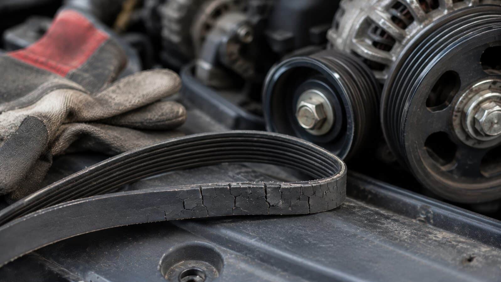 A close up of a cracked and worn serpentine belt lying near an engine pulley. It highlights the need for regular vehicle maintenance and repair. Ideal for automotive service and repair content.