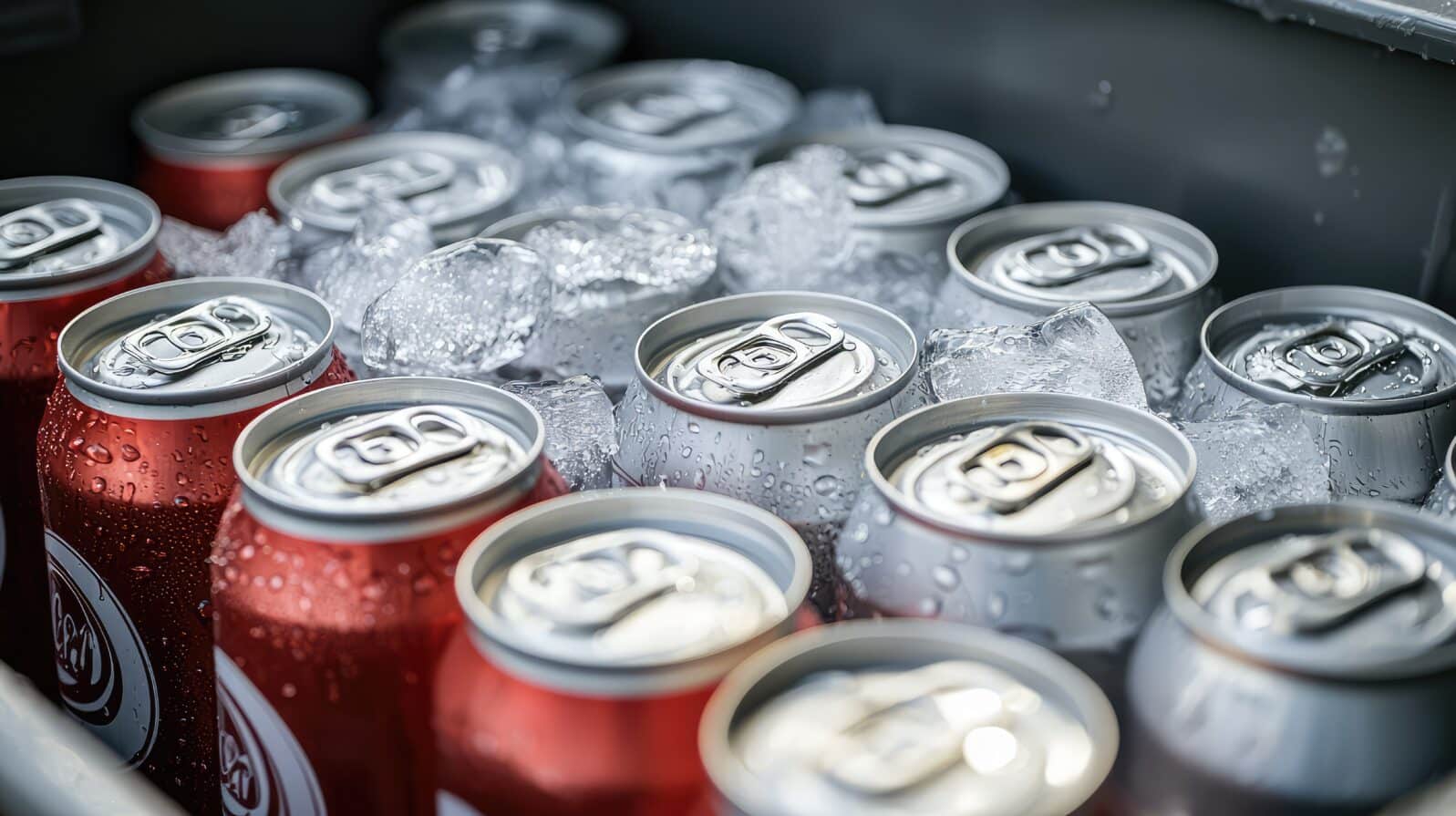 A pack of chilled cola cans sitting in a cooler filled with ice