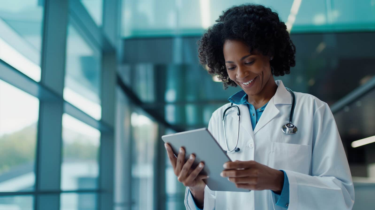 compassionate female doctor in her mid-forties, adorned in a pristine white lab coat, holding a sleek digital tablet with a caring smile gracing her lips