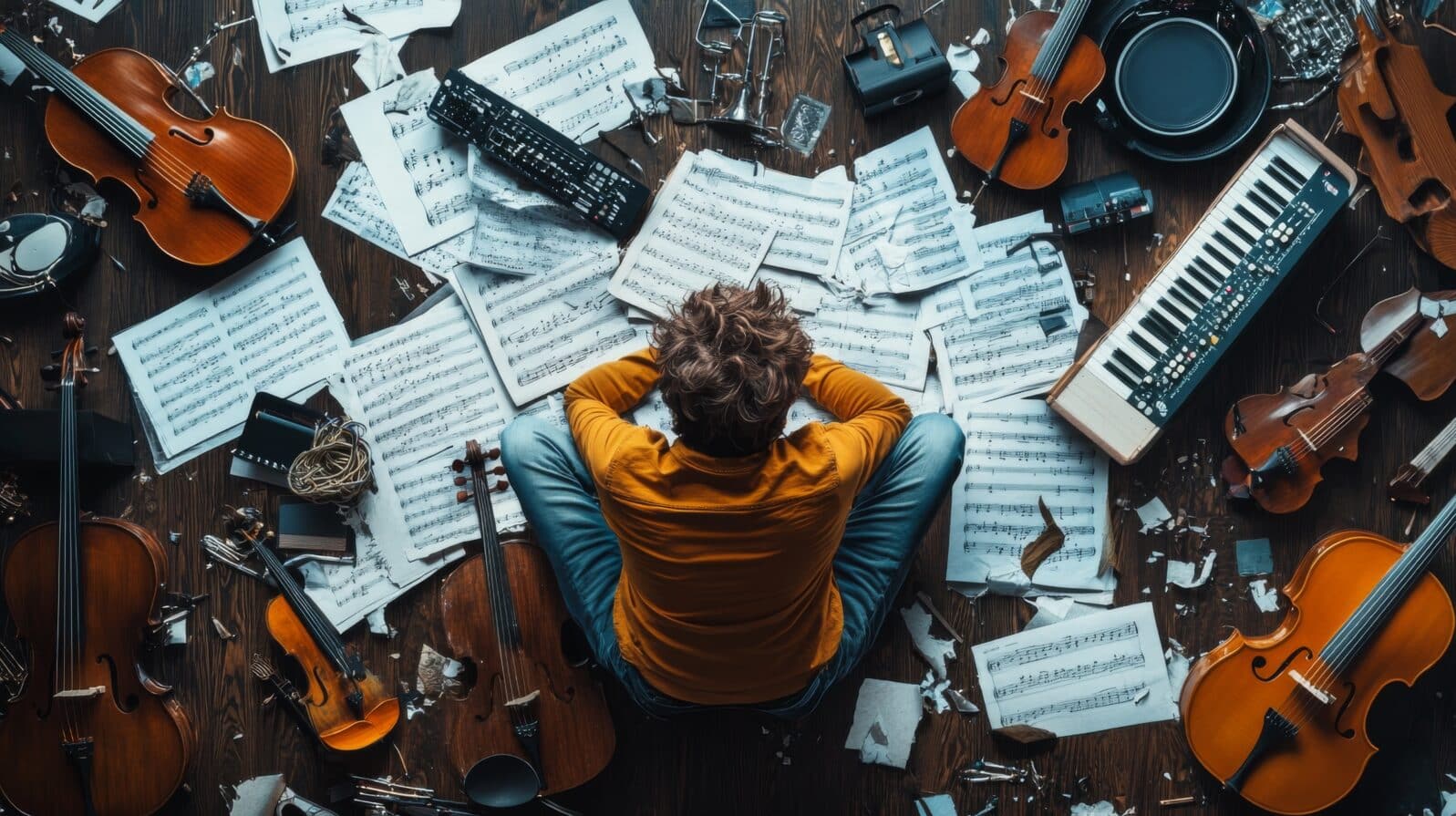 Composer's Block: A musician sits dejected amidst a chaotic symphony of instruments and sheet music, grappling with creative burnout.