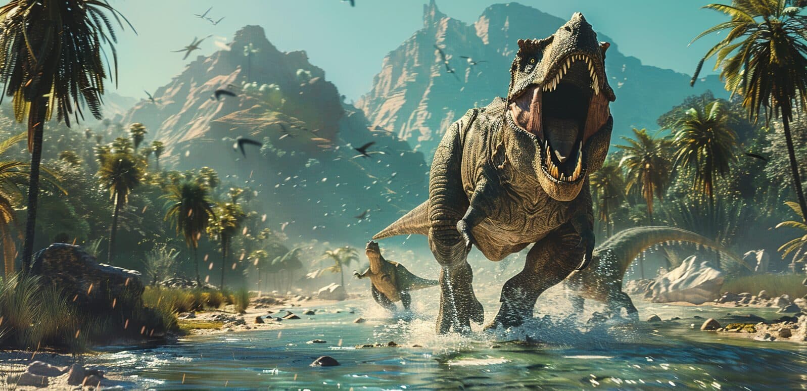 dinosaurs running through the water in front of tropical jungle.