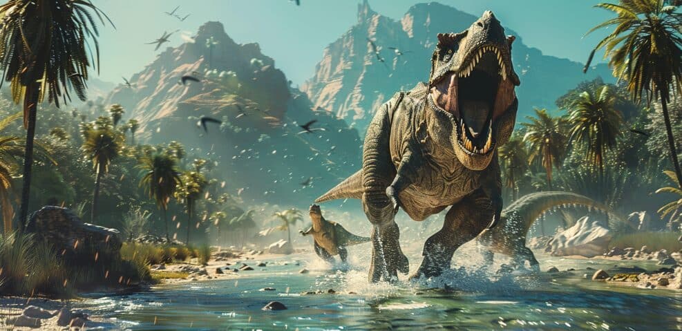 dinosaurs running through the water in front of tropical jungle.