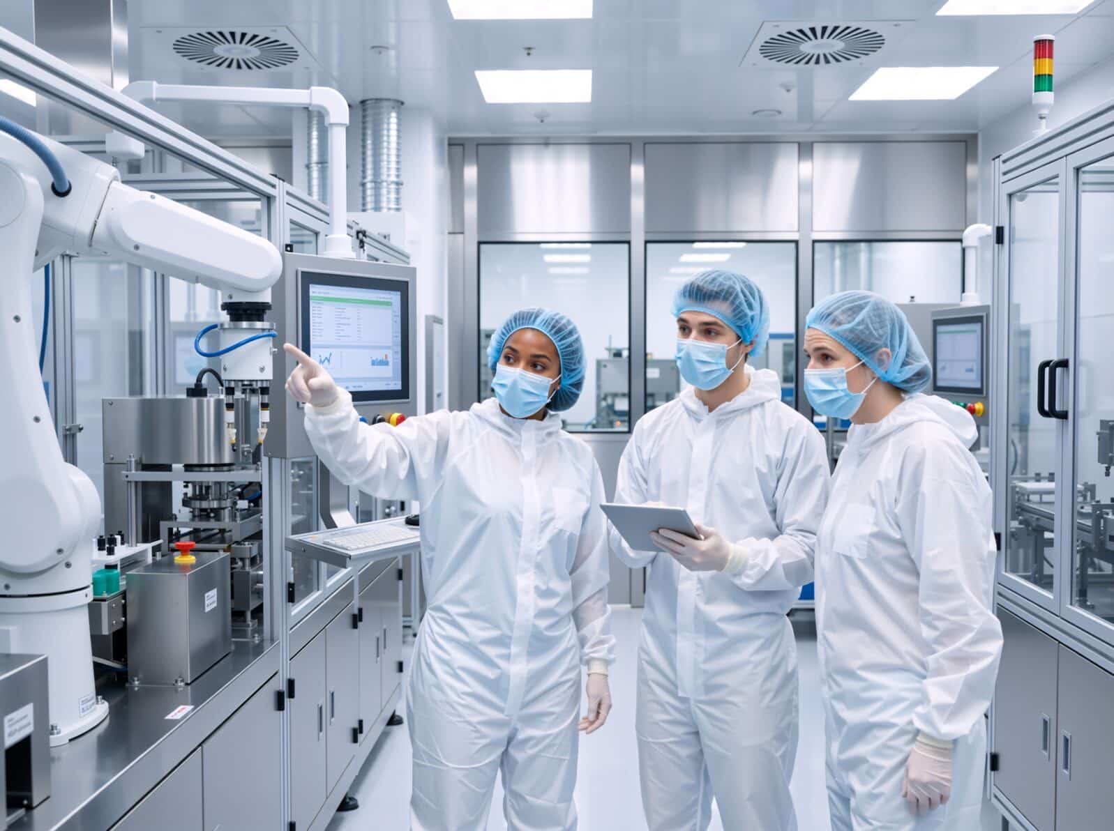 Diverse team of engineers in cleanroom suits inspecting a robotic arm. Scientists working with automated machinery in a modern manufacturing facility. High tech production