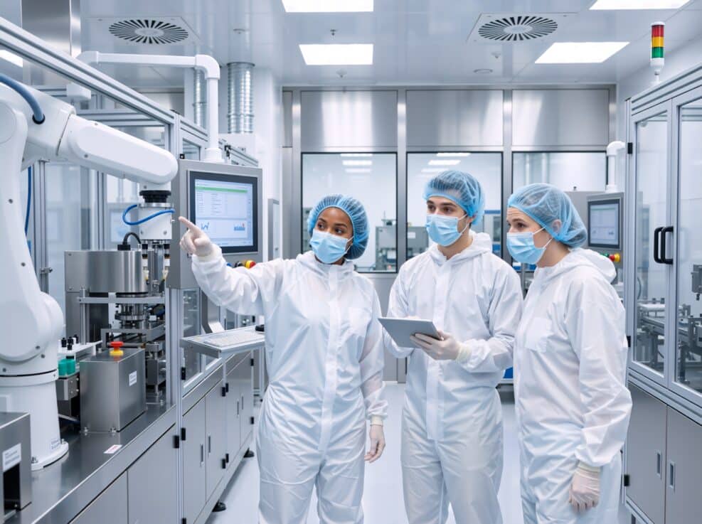 Diverse team of engineers in cleanroom suits inspecting a robotic arm. Scientists working with automated machinery in a modern manufacturing facility. High tech production