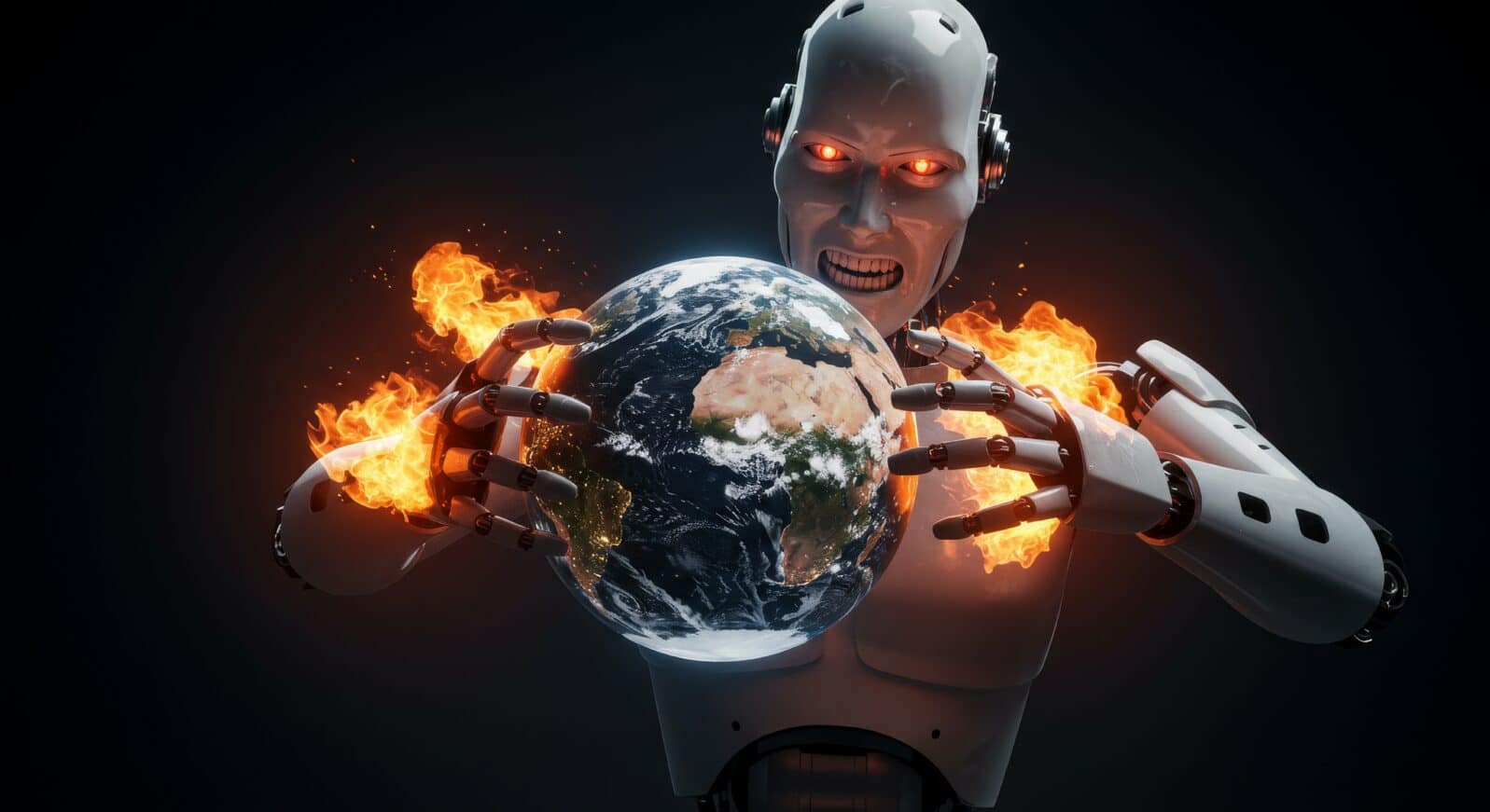 Evil robot holding the burning Earth, symbolizing destruction and apocalyptic future